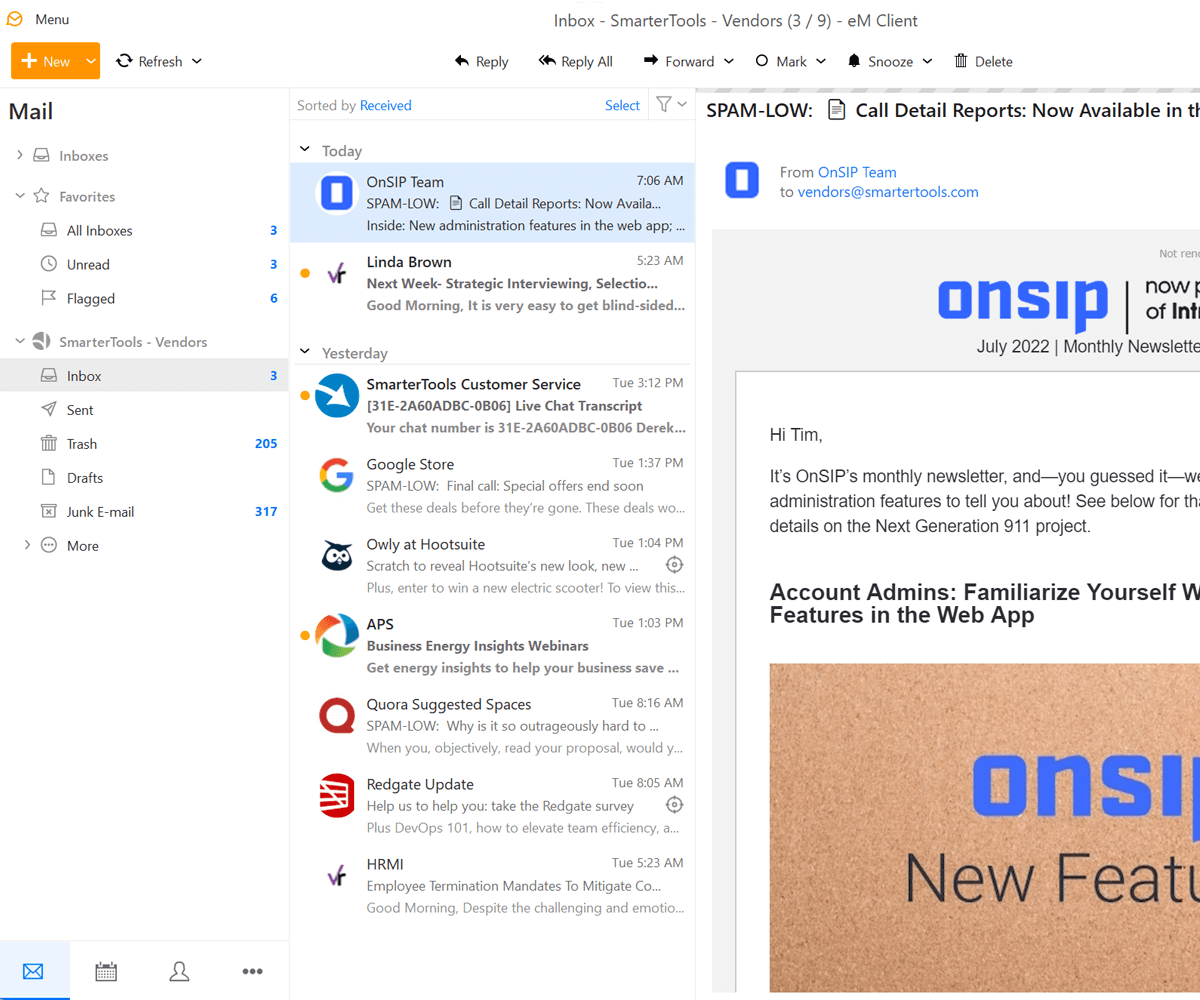 eM Client desktop inbox interface
