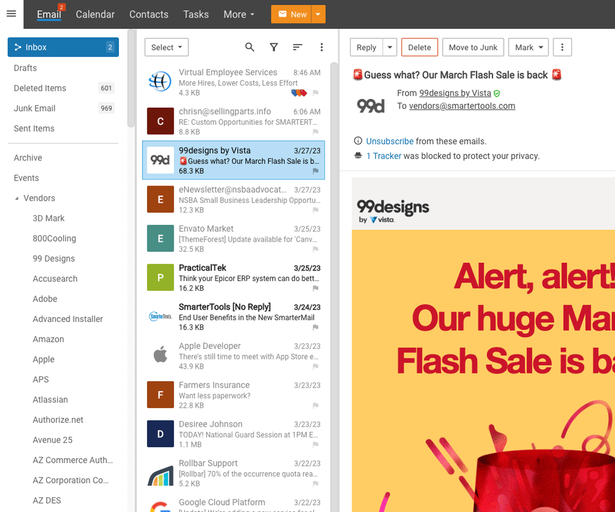 SmarterMail webmail client inbox interface